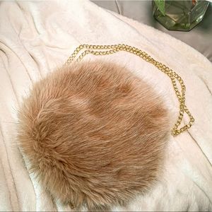 Fur Accent Gold Chain Shoulder Bag